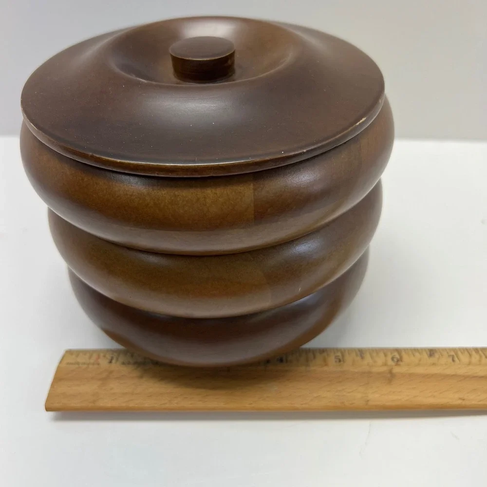 Hellerware 3 Piece Turned Stacking Wood With Lid MCM‎ Ribbed Beehive Nesting VTG